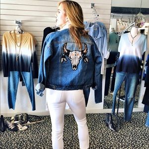 BELLE + DAY Feather Skull Denim Jacket Sherpa Lining